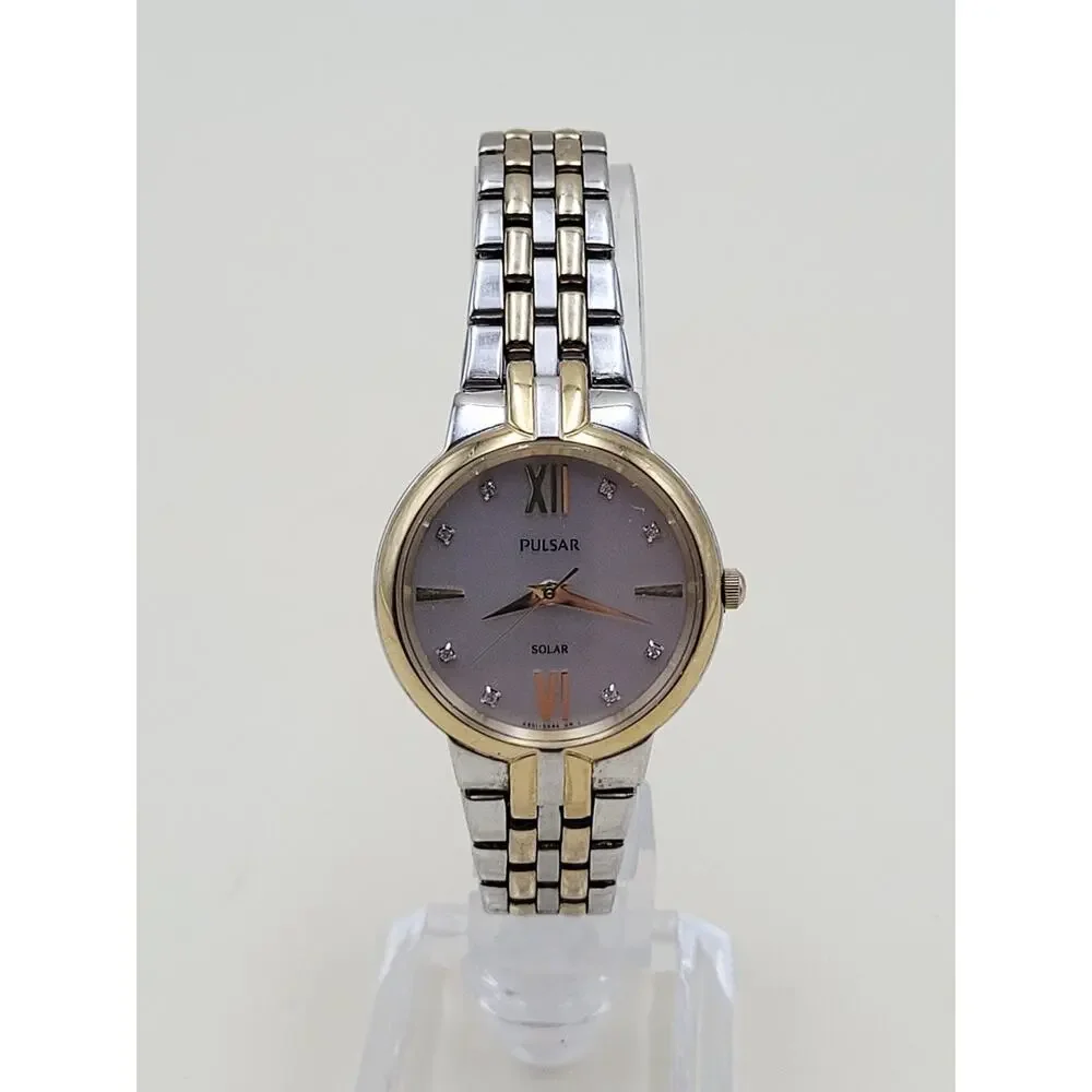 Pulsar Solar Womens Wristwatch Two Tone Silver Gold Stainless Steel AS01 672090